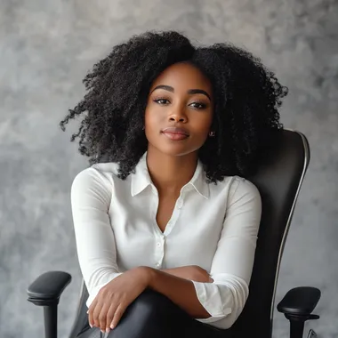 successful black women sitting on her office chair
