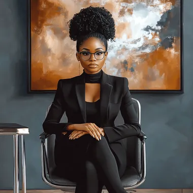 successful black women sitting on her office chair