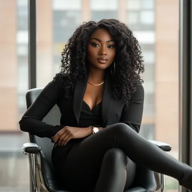 successful black women sitting on her office chair