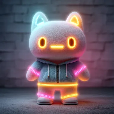 Hand drawn digital image, white background neon colour palette, Make a cute little mascot. That lives in a digital world. Front facing   --s 750