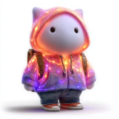 Hand drawn digital image, white background neon colour palette, Make a cute little mascot. That lives in a digital world. Front facing   --s 750