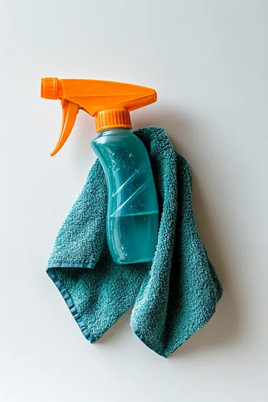 cloth and cleaning spray isolated on white, photography