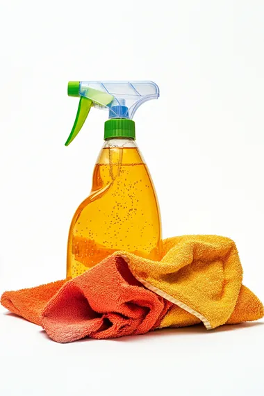 cloth and cleaning spray isolated on white, photography
