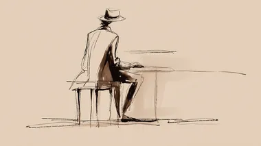 Minimalist single-line drawing: street musician playing piano on a Paris sidewalk, full body, silhouette shaded with coffee tones, clean neutral background.   --raw rofile 1z8ia47