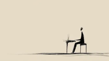 Minimalist single-line drawing: street musician playing piano on a Paris sidewalk, full body, silhouette shaded with coffee tones, clean neutral background.   --raw rofile 1z8ia47
