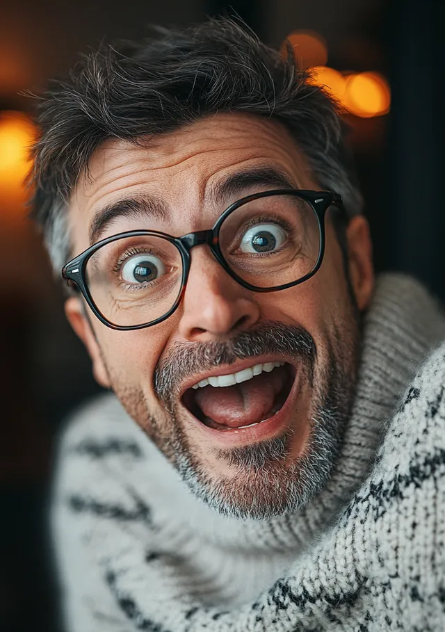 Excited man with glasses in cozy sweater surprised at home indoors