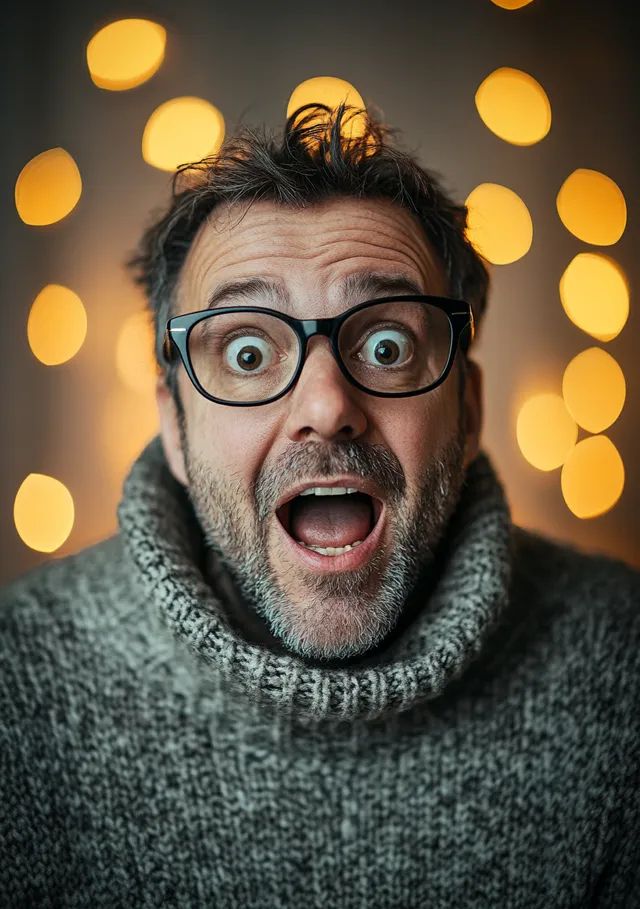 Excited man in cozy sweater with glasses surprised at home indoors
