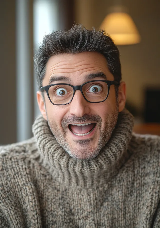 Surprised man in glasses and sweater smiling indoors with soft lighting