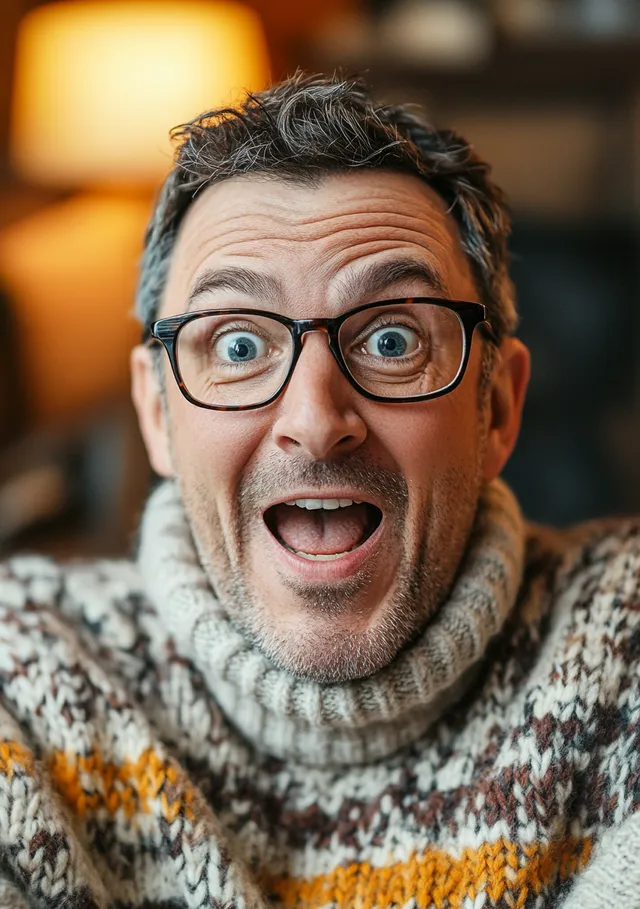Portrait of a surprised man in glasses smiling indoors at home