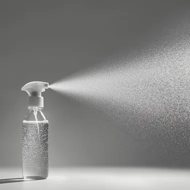 Ultra-realistic photograph of a Febreze air freshener spray bottle in a professional photo studio setting. The bottle is positioned on a white background and shown in profile, spraying a dense, visible mist to the right. The spray is evenly dispersed, creating a dramatic focus on the vapor cloud, highlighting its volume and texture under soft studio lighting