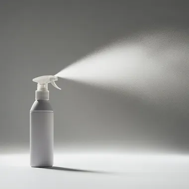 Ultra-realistic photograph of a Febreze air freshener spray bottle in a professional photo studio setting. The bottle is positioned on a white background and shown in profile, spraying a dense, visible mist to the right. The spray is evenly dispersed, creating a dramatic focus on the vapor cloud, highlighting its volume and texture under soft studio lighting