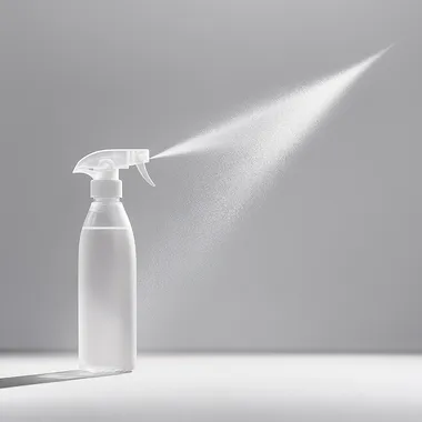 Ultra-realistic photograph of a Febreze air freshener spray bottle in a professional photo studio setting. The bottle is positioned on a white background and shown in profile, spraying a dense, visible mist to the right. The spray is evenly dispersed, creating a dramatic focus on the vapor cloud, highlighting its volume and texture under soft studio lighting
