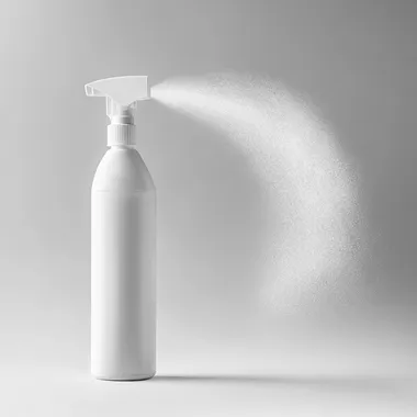 Ultra-realistic photograph of a Febreze air freshener spray bottle in a professional photo studio setting. The bottle is positioned on a white background and shown in profile, spraying a dense, visible mist to the right. The spray is evenly dispersed, creating a dramatic focus on the vapor cloud, highlighting its volume and texture under soft studio lighting
