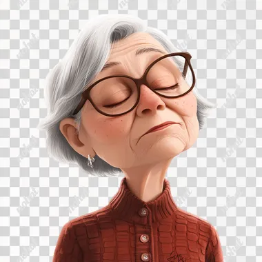 Generate a Disney-Pixar style illustration of a 55-year-old woman with a neutral expression, and closed eyes. The image should have a white background --s 250