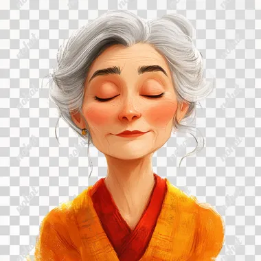 Generate a Disney-Pixar style illustration of a 55-year-old woman with a neutral expression, and closed eyes. The image should have a white background --s 250