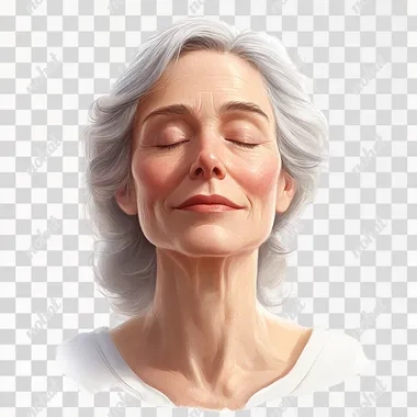Generate a Disney-Pixar style illustration of a 55-year-old woman with a neutral expression, and closed eyes. The image should have a white background --s 250