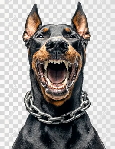 An angry doberman dog face focus high detailed with the mouth open and a big chain surrounding his neck, with white background