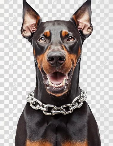 An angry doberman dog face focus high detailed with the mouth open and a big chain surrounding his neck, with white background