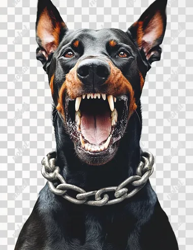 An angry doberman dog face focus high detailed with the mouth open and a big chain surrounding his neck, with white background