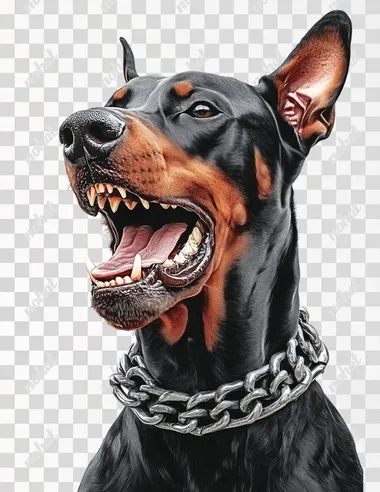 An angry doberman dog face focus high detailed with the mouth open and a big chain surrounding his neck, with white background