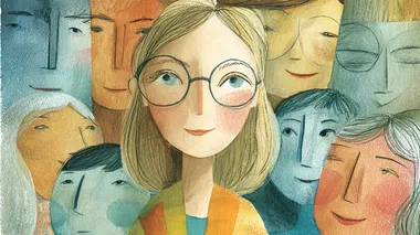 a woman with eyewear, simplified faces, hand-drawn illustration style, pastel and crayon texture, children's book illustration, soft colors, slightly whimsical proportions, visible crayon strokes, flat soft colors   --raw