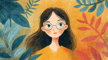 a woman with eyewear, simplified faces, hand-drawn illustration style, pastel and crayon texture, children's book illustration, soft colors, slightly whimsical proportions, visible crayon strokes, flat soft colors   --raw