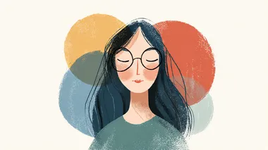 a woman with eyewear, simplified faces, hand-drawn illustration style, pastel and crayon texture, children's book illustration, soft colors, slightly whimsical proportions, visible crayon strokes, flat soft colors   --raw