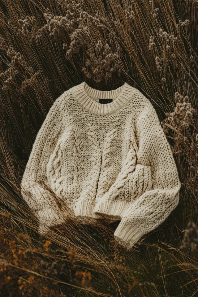 Knitted white sweater on Scottish Highland grass, overhead studio shot