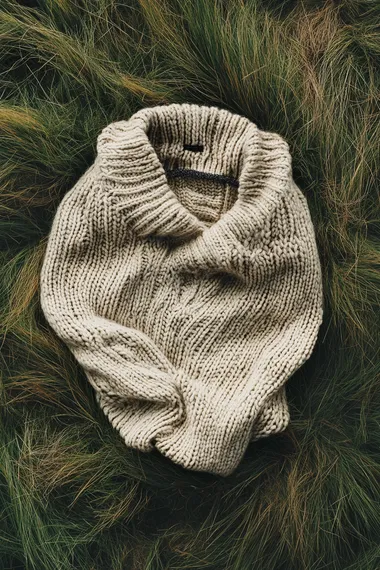A knitted jumper packshot from above on top of a scottish highland grass, studio lighting, shot from above