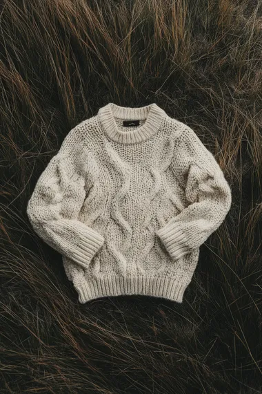 A knitted jumper packshot from above on top of a scottish highland grass, studio lighting, shot from above
