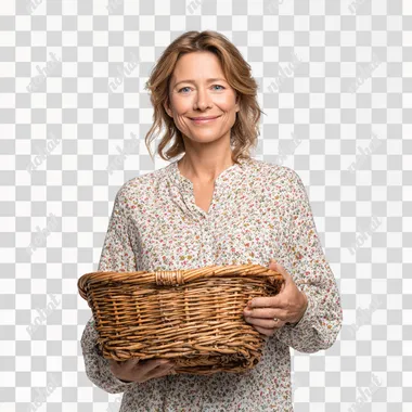 hyperrealistic photo of a 40 year old woman with a wicker rattan basket in her hands on a white isolated background, she smiles and looks at the camera, she is wearing a light blouse with a small floral pattern and stands half-sideways