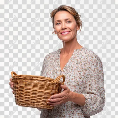hyperrealistic photo of a 40 year old woman with a wicker rattan basket in her hands on a white isolated background, she smiles and looks at the camera, she is wearing a light blouse with a small floral pattern and stands half-sideways