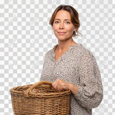 hyperrealistic photo of a 40 year old woman with a wicker rattan basket in her hands on a white isolated background, she smiles and looks at the camera, she is wearing a light blouse with a small floral pattern and stands half-sideways