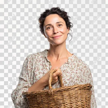 hyperrealistic photo of a 40 year old woman with a wicker rattan basket in her hands on a white isolated background, she smiles and looks at the camera, she is wearing a light blouse with a small floral pattern and stands half-sideways