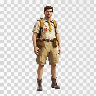 Scout leader in the style of volumetric computer graphics and thin games on a white background