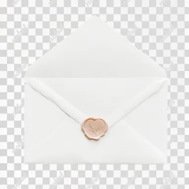 A white envelope with a heart-shaped wax seal, isolated against a solid background. The edges have a slightly worn off-white velvet texture an elegant wedding envelope sealed with a heart stamp and subtle watercolor flower design, minimal white backdrop, bright and airy lighting, romantic, soft pastels, gentle mood, professional studio shot rofile icy4fcj vs773wi