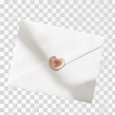 A white envelope with a heart-shaped wax seal, isolated against a solid background. The edges have a slightly worn off-white velvet texture an elegant wedding envelope sealed with a heart stamp and subtle watercolor flower design, minimal white backdrop, bright and airy lighting, romantic, soft pastels, gentle mood, professional studio shot rofile icy4fcj vs773wi