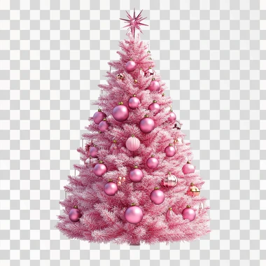 Generated three-dimensional realistic pink Christmas tree covered with decorations, full-body view, white background, three-dimensional representation of the border with exquisite rounded corners, ultra-high-definition resolution and ultra-realistic details, bright colors. Rich details and high resolution