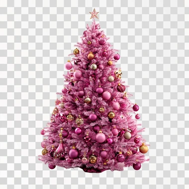 Generated three-dimensional realistic pink Christmas tree covered with decorations, full-body view, white background, three-dimensional representation of the border with exquisite rounded corners, ultra-high-definition resolution and ultra-realistic details, bright colors. Rich details and high resolution