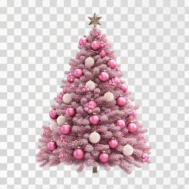 Generated three-dimensional realistic pink Christmas tree covered with decorations, full-body view, white background, three-dimensional representation of the border with exquisite rounded corners, ultra-high-definition resolution and ultra-realistic details, bright colors. Rich details and high resolution