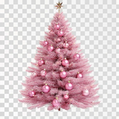 Generated three-dimensional realistic pink Christmas tree covered with decorations, full-body view, white background, three-dimensional representation of the border with exquisite rounded corners, ultra-high-definition resolution and ultra-realistic details, bright colors. Rich details and high resolution