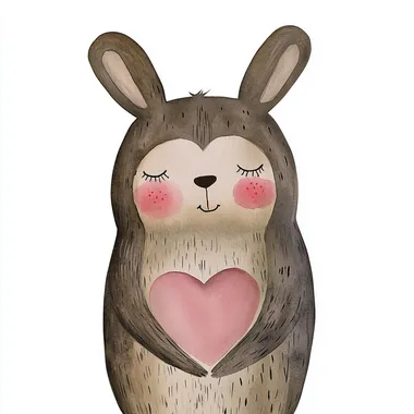 Heavy brush stroke whimsical watercolor cartoon style illustration of a full-body front view of woodland animals with a heart-shaped blush on cheeks.. Real watercolor hand-painted texture with soft contouring. Perfert for valentines day greeting card. Borderless.  splatter on the background