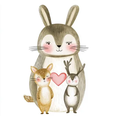 Heavy brush stroke whimsical watercolor cartoon style illustration of a full-body front view of woodland animals with a heart-shaped blush on cheeks.. Real watercolor hand-painted texture with soft contouring. Perfert for valentines day greeting card. Borderless.  splatter on the background