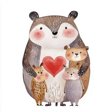 Heavy brush stroke whimsical watercolor cartoon style illustration of a full-body front view of woodland animals with a heart-shaped blush on cheeks.. Real watercolor hand-painted texture with soft contouring. Perfert for valentines day greeting card. Borderless.  splatter on the background
