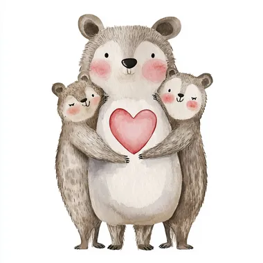 Heavy brush stroke whimsical watercolor cartoon style illustration of a full-body front view of woodland animals with a heart-shaped blush on cheeks.. Real watercolor hand-painted texture with soft contouring. Perfert for valentines day greeting card. Borderless.  splatter on the background