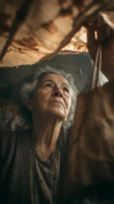 A creative and realistic point-of-view image from inside a purse, looking up at a 75-year-old Argentine woman as she reaches into her bag. The woman has gray or salt-and-pepper hair, wears a cozy cardigan or simple blouse, and has a calm, focused expression. She appears to be searching for something inside the purse. The interior of the bag is softly lit, with shadows and fabric textures visible around the edges of the frame. Her face and hand are gently illuminated, creating a natural, candid atmosphere. The background hints at a modest, middle-class Argentine home. Photorealistic, cinematic POV, Latin American features, warm tones