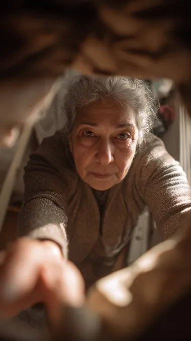 A creative and realistic point-of-view image from inside a purse, looking up at a 75-year-old Argentine woman as she reaches into her bag. The woman has gray or salt-and-pepper hair, wears a cozy cardigan or simple blouse, and has a calm, focused expression. She appears to be searching for something inside the purse. The interior of the bag is softly lit, with shadows and fabric textures visible around the edges of the frame. Her face and hand are gently illuminated, creating a natural, candid atmosphere. The background hints at a modest, middle-class Argentine home. Photorealistic, cinematic POV, Latin American features, warm tones