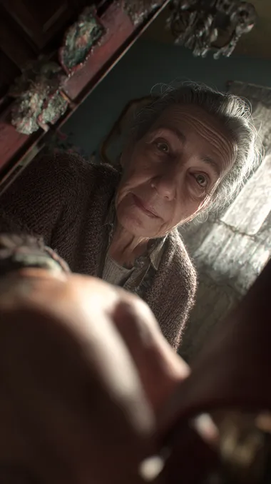 A creative and realistic point-of-view image from inside a purse, looking up at a 75-year-old Argentine woman as she reaches into her bag. The woman has gray or salt-and-pepper hair, wears a cozy cardigan or simple blouse, and has a calm, focused expression. She appears to be searching for something inside the purse. The interior of the bag is softly lit, with shadows and fabric textures visible around the edges of the frame. Her face and hand are gently illuminated, creating a natural, candid atmosphere. The background hints at a modest, middle-class Argentine home. Photorealistic, cinematic POV, Latin American features, warm tones