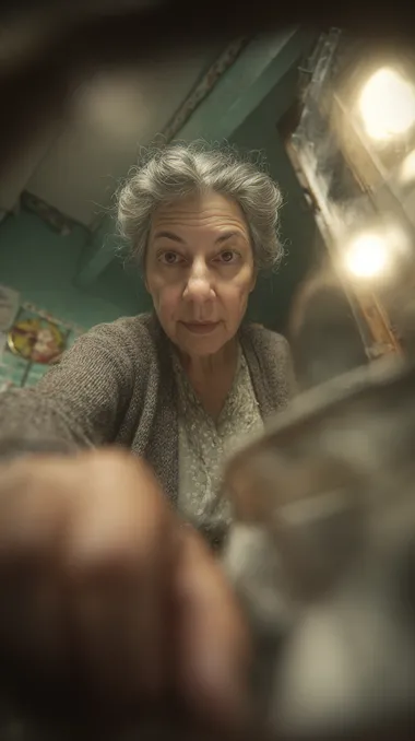 A creative and realistic point-of-view image from inside a purse, looking up at a 75-year-old Argentine woman as she reaches into her bag. The woman has gray or salt-and-pepper hair, wears a cozy cardigan or simple blouse, and has a calm, focused expression. She appears to be searching for something inside the purse. The interior of the bag is softly lit, with shadows and fabric textures visible around the edges of the frame. Her face and hand are gently illuminated, creating a natural, candid atmosphere. The background hints at a modest, middle-class Argentine home. Photorealistic, cinematic POV, Latin American features, warm tones
