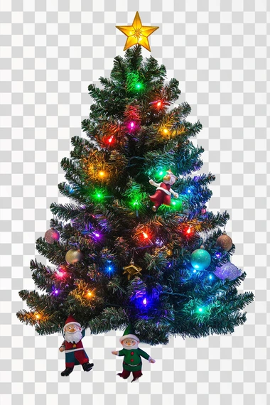 Photo frame for Christmas. It incorporates Christmas tree with colorful lights and stars and elves. white background. It should be powerful, elegant, complex and simple